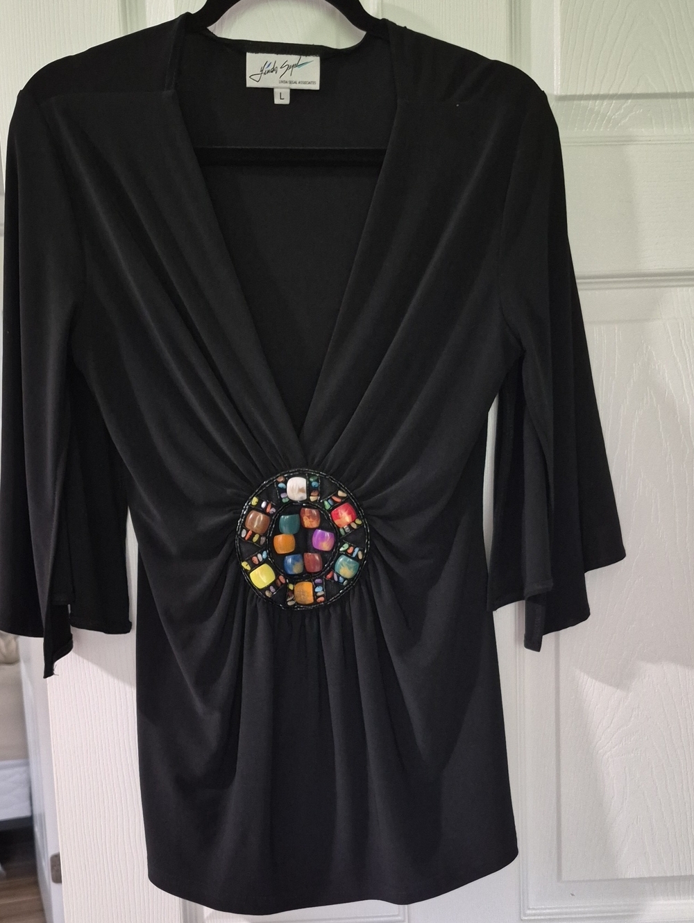 Black V-Neck Jewel-Embellished Women’s Top- LARGE